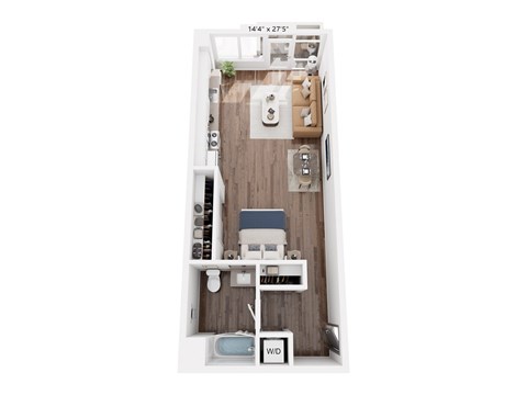 Floor plan for studio, 1 bath, 597 sqft